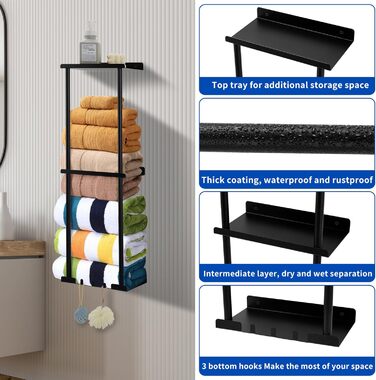Bathroom Towel Rack Wall Mounted Towel Holder No Drilling 3-Tier Bathroom Towel Rack with Metal and 3 Hooks Bathroom Towel Storage Shelf 80 x 26 x 14 cm (black)