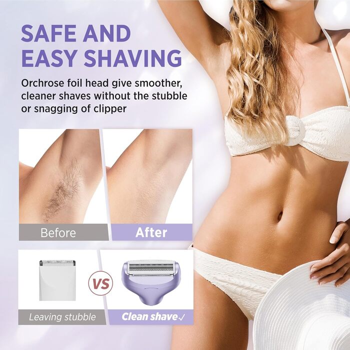 Електричний епілятор для жінок: безболісний пристрій для догляду за тілом, обличчям, зоною бікіні, ногами та під пахвами. Портативний, акумуляторний (рожеве золото, фіолетовий)