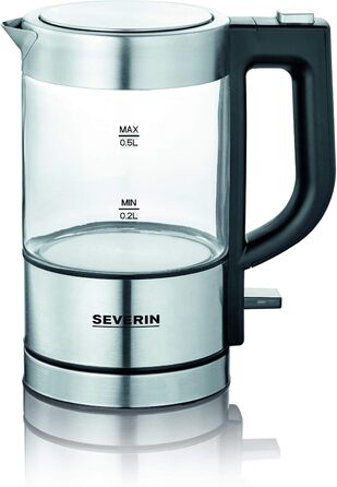 SEVERIN Mini Glass Kettle 0.5 L, powerful and compact with a high-quality design, electric kettle with scale filter, stainless steel/black, WK 3472