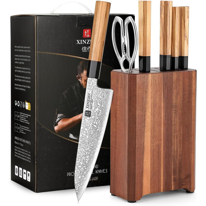 Японський ніж Kiriсuke від XINZUO з дамаської сталі, 21.5 см, Gyuto, ручка з оливкового дерева та чорного рогу буйвола, з піхвою, ручна робота, професійний ніж для кухні