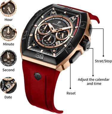 Чоловічий годинник-хронограф на кварцовому механізмі з японським годинниковим механізмом, 5ATM, корпус з нержавіючої сталі, тонка форма корпусу (Tonneau), силіконовий ремінець (рожево-червоний)