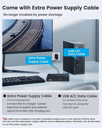 Зовнішній DVD-привід ORIGBELIE USB 3.0 та Type-C, портативний DVD-записувач для ноутбука та ПК