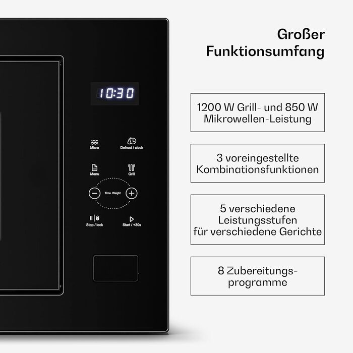 Вбудована мікрохвильова піч Klarstein Velaire 60 см з грилем – 25L, 850W, 8 програм, сенсорне керування, нержавіюча сталь, таймер, білий (чорний)