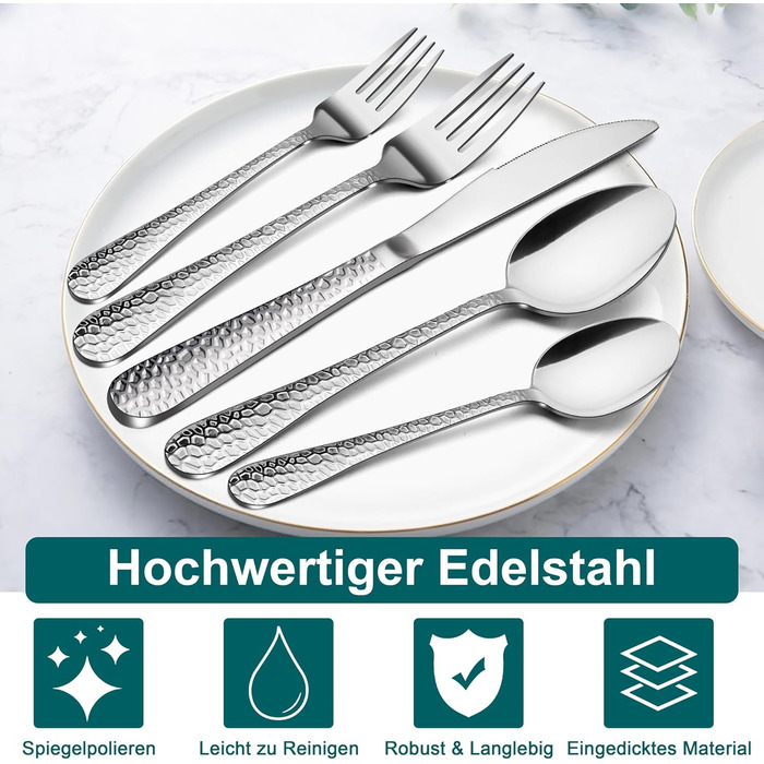 Набір столових приборів Joyfair на 6 осіб (60 предметів), нержавіюча сталь, з молотком, ніж, виделка, ложка, елегантний столовий прибор для дому/вечірки/ресторану, блискучий, придатний для миття в посудомийній машині