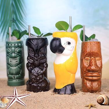 Tiki Tassen Cocktail Set with 4 Pieces – Large Ceramic Cups, Hawaiian Luau Party Cups, Drinkware, Cute Exotic Cocktail Glasses, Tiki Bar, Professional Hawaiian Party