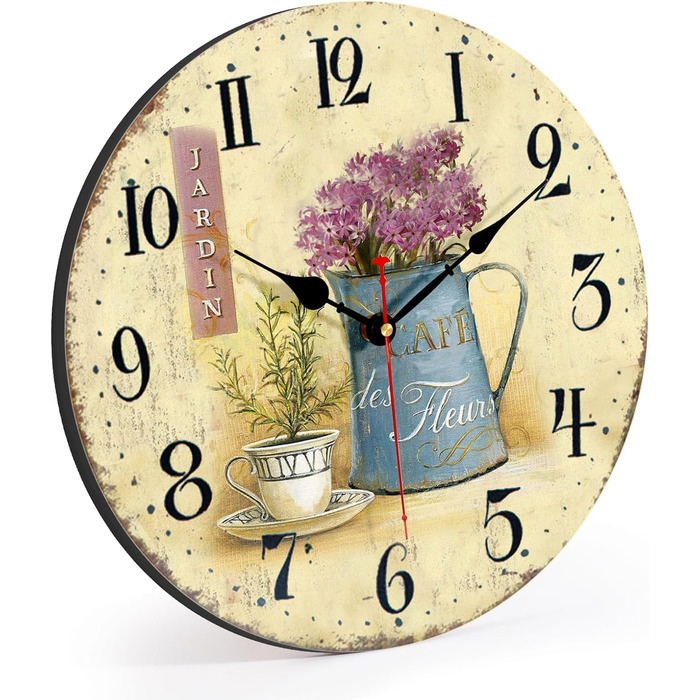 Toudorp Wooden Wall Clock 14 Inch Arabic Numerals Easy to Read Silent Wall Clock Retro Battery Operated Cafe and Flower Pattern Decorative Wall Clock for Bedroom, Living Room, Dining Room