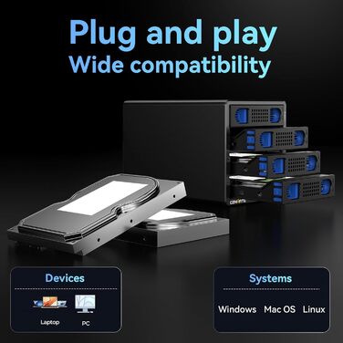 Корпус для жорстких дисків 10Gbps з алюмінію Dual Bay з вентилятором для 2.5/3.5 SATA HDD/SSD з USB A/C 3.2, Hot Swappable, Daisy Chain, без інструментів, DAS (не RAID/NAS)