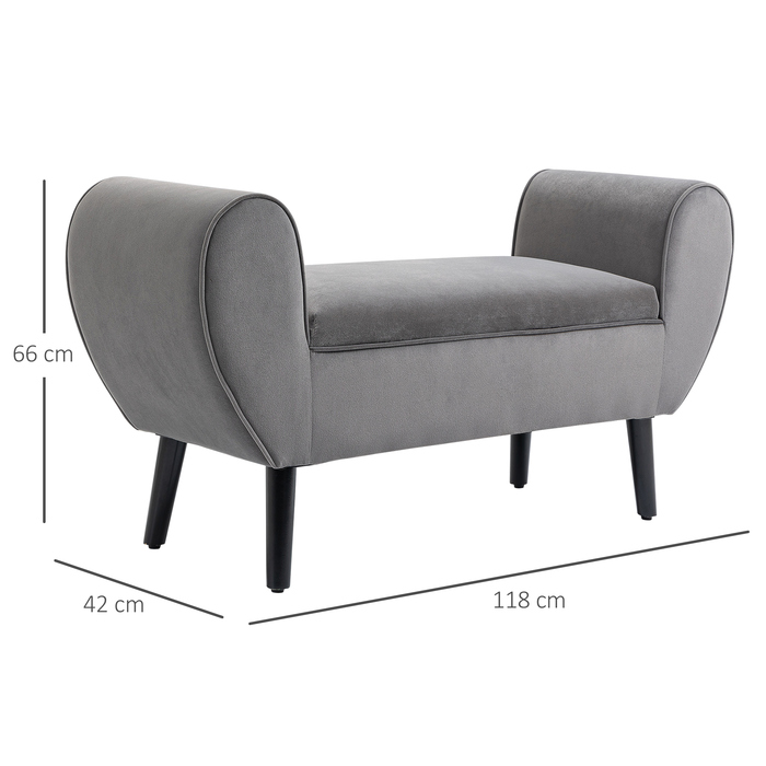 HOMCOM Bench Grey Modern Storage Chest Bench with Soft Polyester and Rubber Wood with Armrests 118x42x66cm for Entryway and Living Room