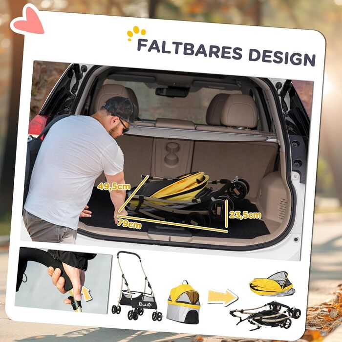 PawHut Трюм для собак та котів 2-в-1, жовтий: візок-переноска, складний, з подушкою, для маленьких собак та котів