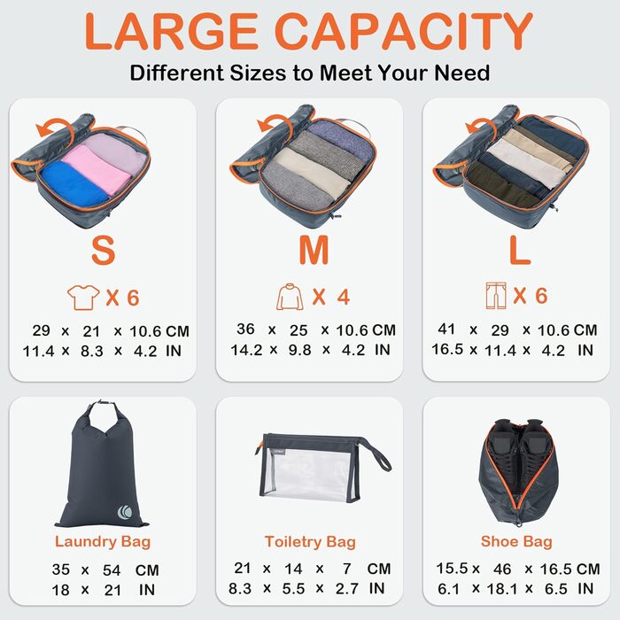 Органайзер для валізи Cipway Kompression Set (8 шт, сірий) - Кубики для пакування, набір для подорожей
