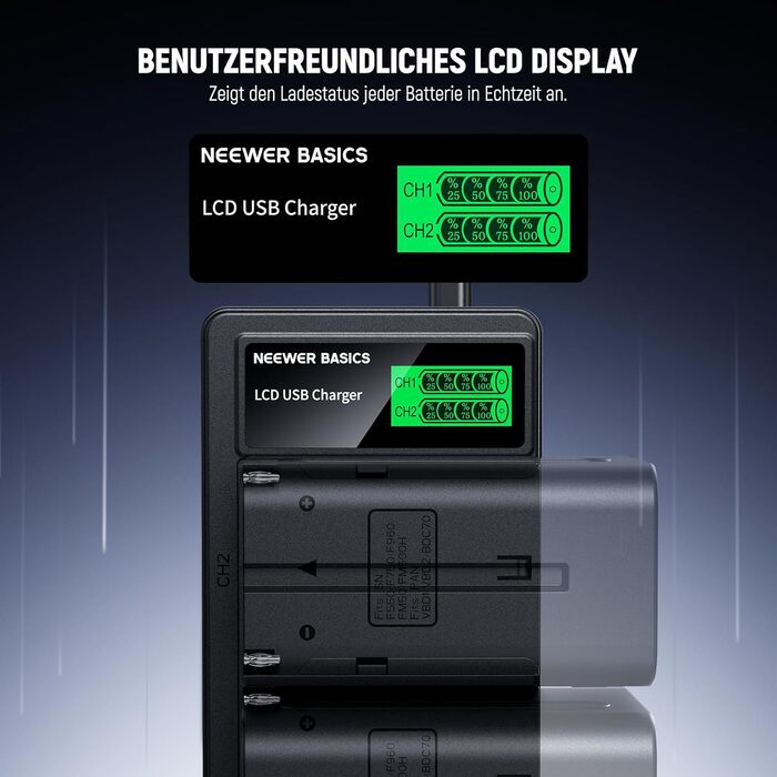 Зарядний пристрій NEEWER Dual USB для акумуляторів Sony NP-F серії (NP-F970, NP-F960, NP-F950, NP-F930, NP-F770, NP-F750, NP-F570, NP-F550) з LCD-дисплеєм, 2-канальний, NW-F970B