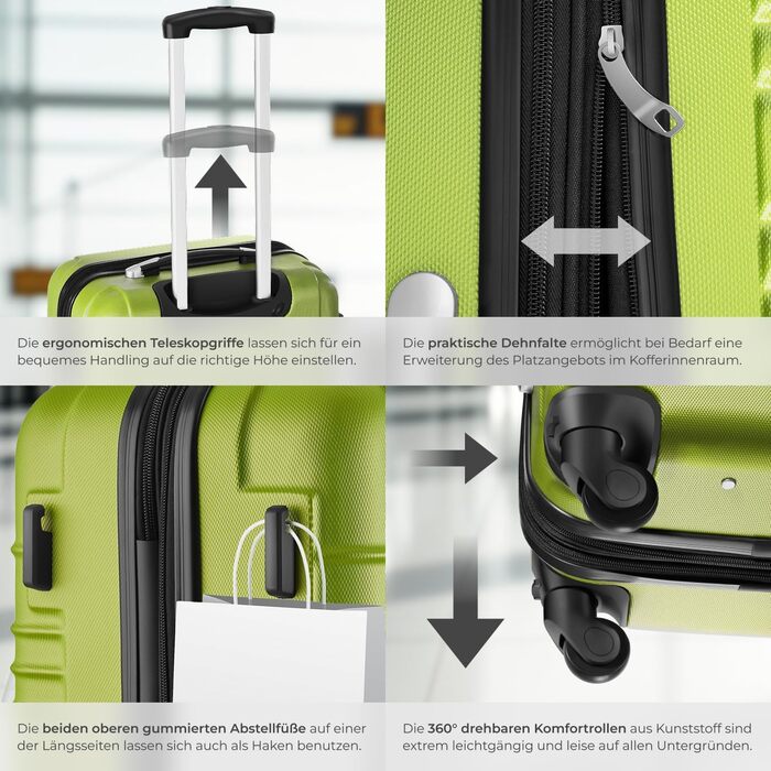 Набір валіз Tectake® 4 шт. з TSA замком, жорсткий корпус, набір ролерів, ABS, 4 колеса, 360°, телескопічна ручка - зелений