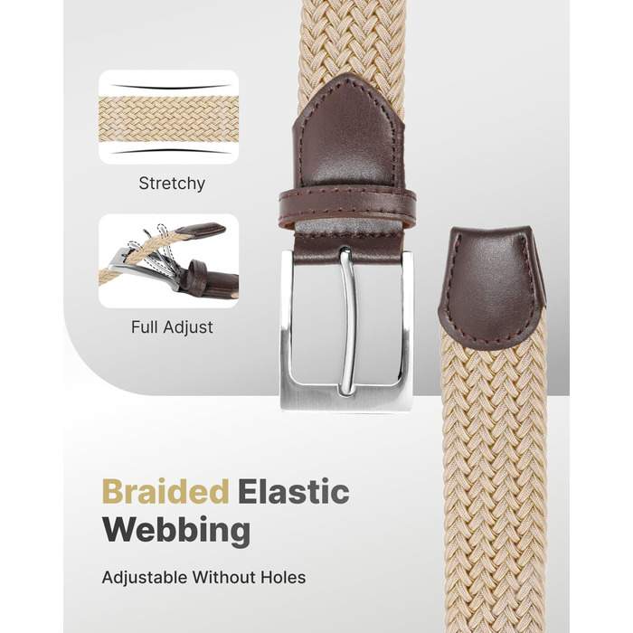 Чоловічий тканинний ремінь Fairwin, бежевий, еластичний, плетіння, розмір M (довжина 105 см, для обхвату талії 80–90 см)