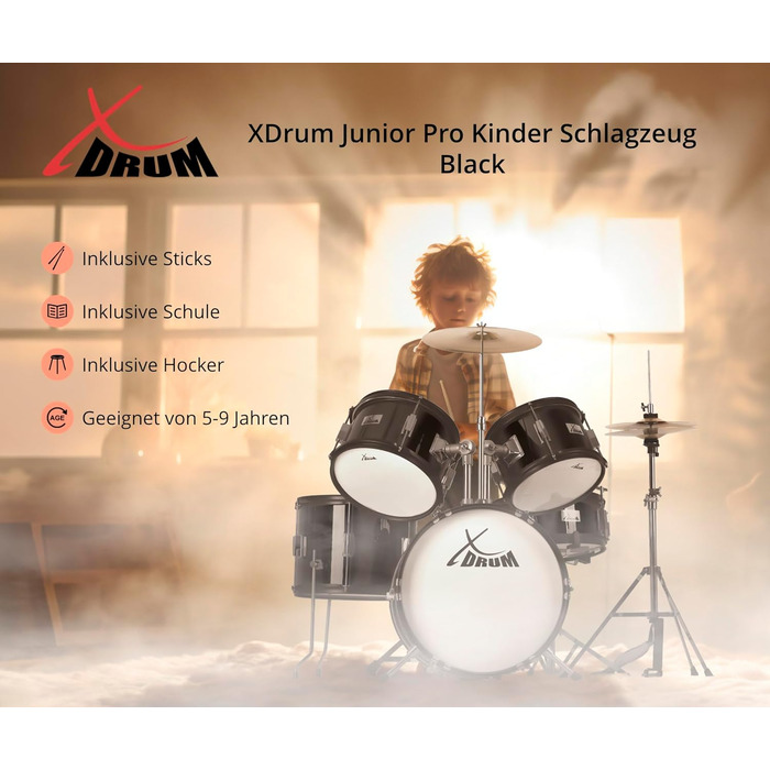 XDrum Junior Pro Kinder барабанний комплект Red - для дітей 5-9 років - з аксесуарами та навчальним посібником (Чорний, Solo)