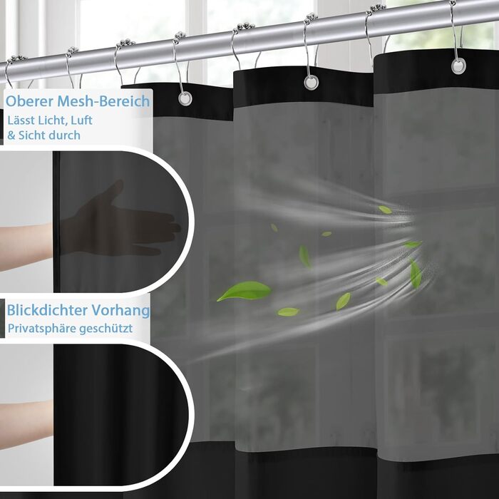 Штора для душу водонепроникна з льоном та віконцем, 183x183 см, чорна + 12 гачків з нержавіючої сталі