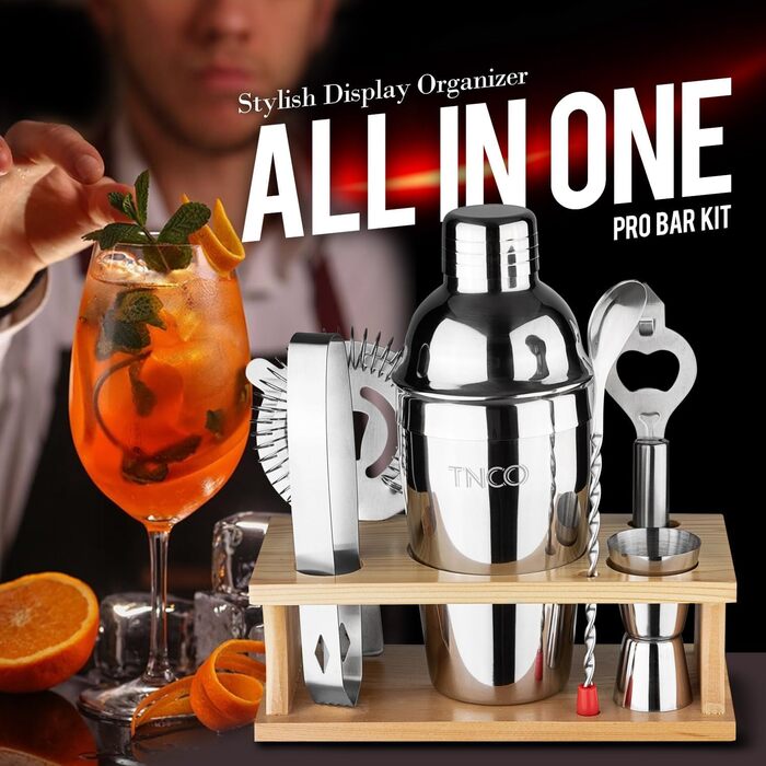 Набір бармена Mixology Barkeeper: шейкер для коктейлів, 8 предметів, з дерев'яною підставкою, аксесуари для приготування коктейлів (срібний)