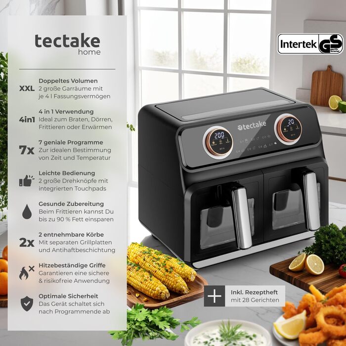 Фритюрниця електрична Tectake з двома камерами XXL 8л, 2400 Вт, з рецептами - аерофритюрниця без олії