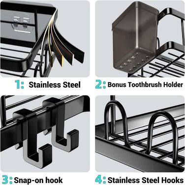 Поличка для душу без свердління, чорна, кутова, 2 шт. Трикутні кошики для душу, органайзер для ванної кімнати з 4 гачками, аксесуари для душу, тримач для шампуню в душ для ванної кімнати