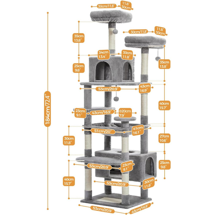 Котячий комплекс PAWZ Road для великих котів, 184 см, сірий. Двоповерховий, з сизалевою оббивкою, 2 стійки, будиночок та кошик для дому.