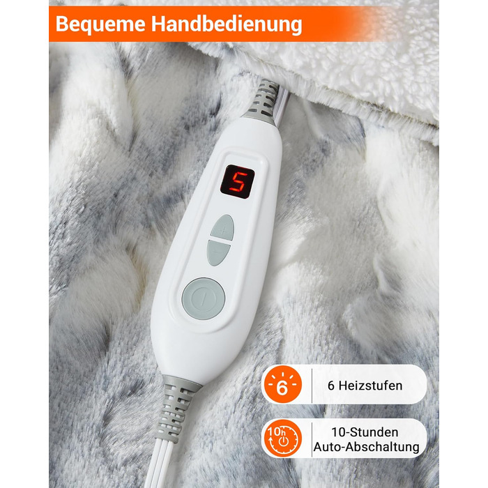 Електрична ковдра LinTimes з автовимкненням, 6 температурних режимів, таймер 10 годин, PV-велюр та Sherpa фліс, пральна, (Мраморний, 180 x 130 см)