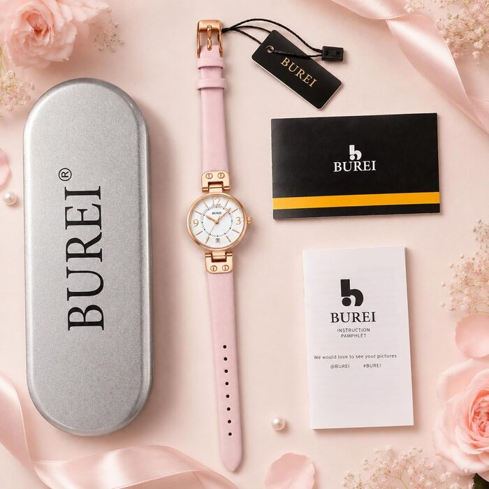 Жіночий кварцовий годинник BUREI Luxury — класичний шкіряний ремінець, водонепроникний, вишуканий дизайн (Білий, Рожевий)
