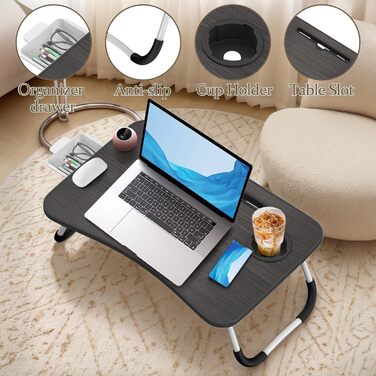 Стіл для ноутбука в ліжко Huracan: регульований, портативний, з підстаканником та ящиком (60x40 см, чорний)