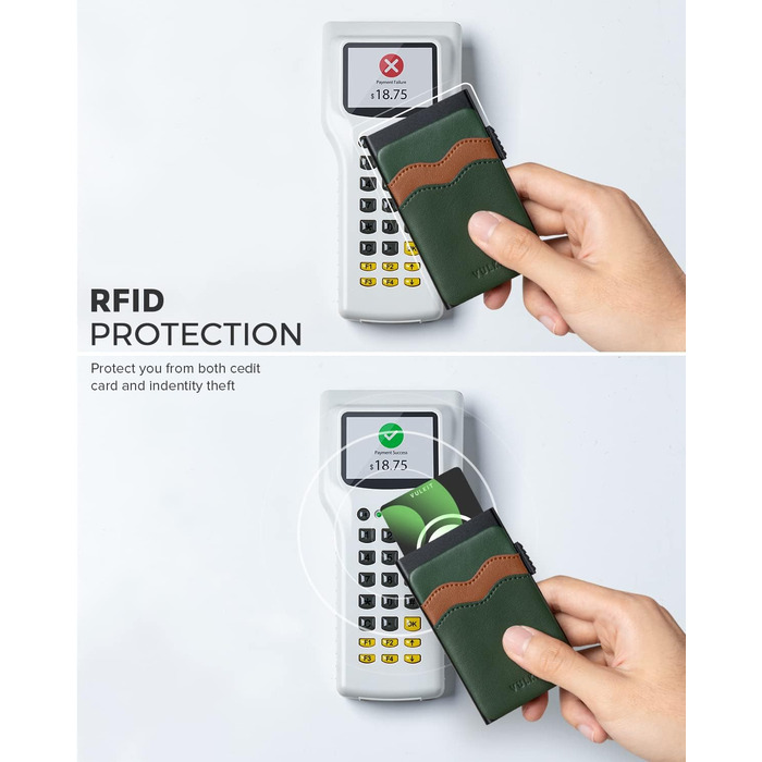 VULKIT Слім гаманець-картхолдер з RFID захистом, шкіряні слоти, металевий кейс, зелений