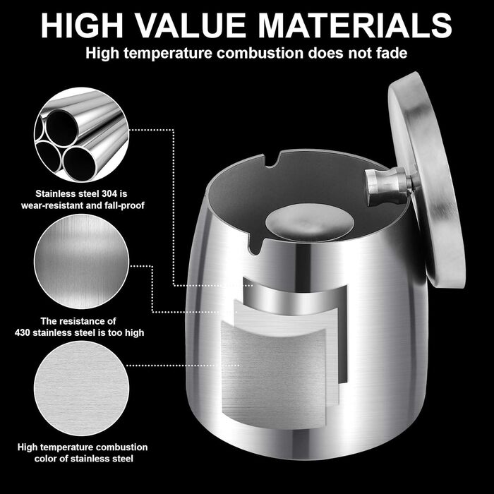 Нержавійна попільничка для вулиці та дому з кришкою, з антиковзною основою (срібна)