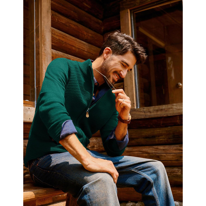 Кардиган чоловічий PJ PAUL JONES з блискавкою та стоячим коміром, грубий в'язання (S, Зелений)