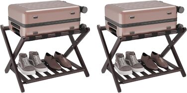 Fully assembled white luggage rack, upgraded bamboo, foldable suitcase stand with 5 nylon straps, luggage holder with shelf for guest room, hotel (white luggage rack, 1 piece) (Brown, 2 pieces)