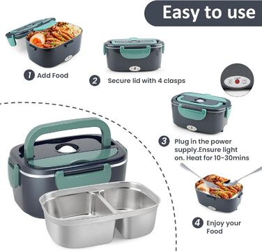Electric Lunch Box 100W, 3-in-1 Portable Heated Lunch Box, 1.5L Stainless Steel Removable Food Container, 12V/24V/220V Insulated Food Warmer Box for Car/Truck/Office (Blue & Green, 1.5 L)