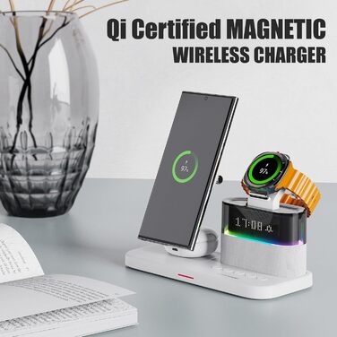 Бездротова зарядка 3-в-1 для Samsung Galaxy S25/S24/S23/S22 з магнітним кільцем, швидка зарядка з годинником та нічником, біла