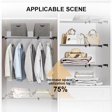 Hershii 50-80cm Extendable Closet Shelf Rod, Adjustable Closet Organizer, Pull-Out Closet Divider, Clothes Rod, Closet Metal Storage, for Wardrobe, Kitchen, Bathroom, Black