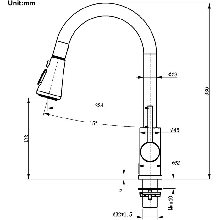 Кухонний змішувач з висувною лійкою, 3 режими струменя, поворотний на 360°, високого тиску, для кухні, матовий золотий