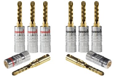 Набір поглибних бананових роз'ємів POPPSTAR (24 шт.), 24K золоте покриття, для кабелів до 6мм², кольори: чорний (12 шт.) та червоний (12 шт.)