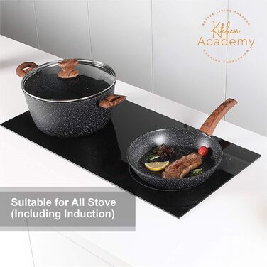 Kitchen Academy Induction Cookware Set - 12-Piece Black Granite Cookware Set, Non-Stick Pot and Pan Set, PFOA & PFOS-Free