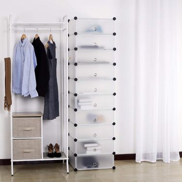 WOLTU Shoe Box, Shoe Storage, Set of 10, Stackable Design, for 20 Pairs, with Door, Hooks, 40x30x170 cm, White (47 x 35 x 170 cm, White)