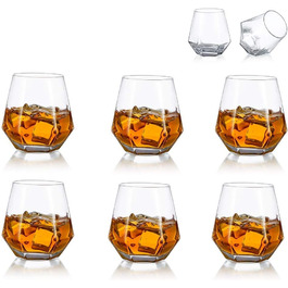 Diamond Whisky Glasses 6-Piece Set - Tilted Scotch Glasses 300 Ml - Modern Look Whisky Glasses for Men, Women, Dad, Husband, Friends, Glassware for Bourbon/Rum/Bar Tumbler - Clear - 6