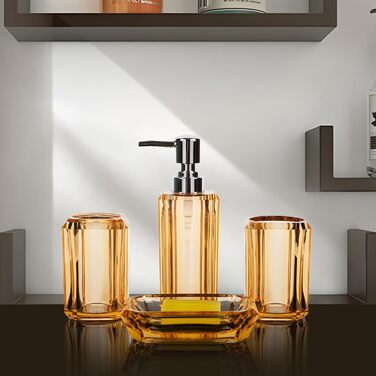 Набір аксесуарів для ванної кімнати з акрилу преміум-якості (4 шт.): дозатор для миючого засобу, диспенсер для лосьйону, мильниця, стакан для ополіскувача, стакан для зубної пасти (чорний/золотий)