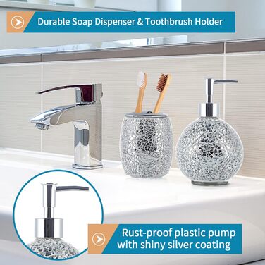4-Piece Mosaic Glass Bathroom Accessories Set, Modern Luxury Bathroom Ensemble, including Soap Dispenser, Cotton Swab Holder, Toothbrush Holder, Vanity Tray (Shiny Blue) (Shiny Silver)