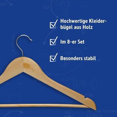 MAUL Wooden Clothes Hangers | Modern wooden hangers in a classic design | Sturdy and robust hangers for jackets, shirts and trousers made of beech wood | Natural | 8-piece set