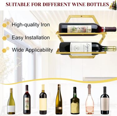 Metal Wall Mounted Wine Holder Stemware Glass Rack, 2Pcs Hanging Glass Wine Rack Wall Mount Red Wine Rack Organizer with 3 Stem Glass Holders for Home Kitchen Bar Display Decor (Gold Bb)