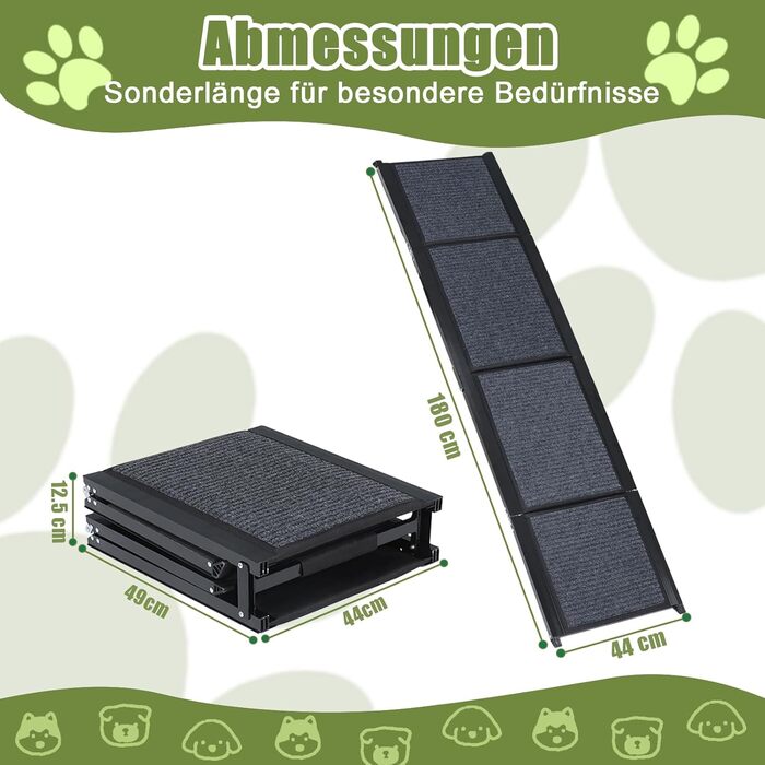 Рампа для собак SMONTER 180 см, автоскладана, з високоякісним покриттям, для легкових, вантажних автомобілів та SUV. Підходить для великих та середніх собак, чорного кольору.