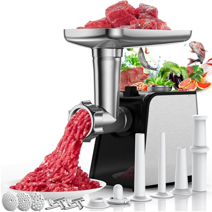 Електрична м'ясорубка з насадкою для ковбас, 3 в 1, нержавіюча сталь - професійна м'ясорубка та машина для ковбас з 3 насадками, 2 формами для фрикадельок, 2 лезами з нержавіючої сталі та 3 дисками для фаршу