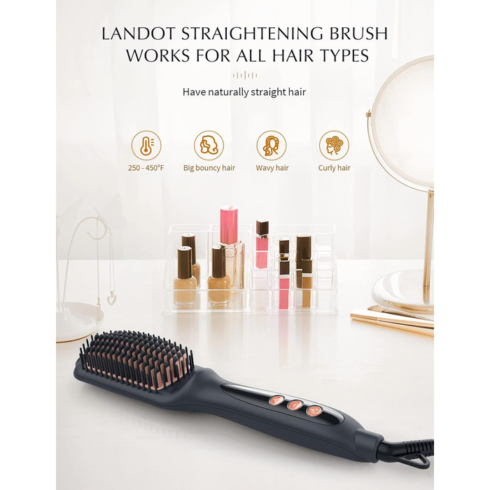 LANDOT Випрямляч для волосся з керамічним покриттям: електрична щітка-випрямляч з іонізацією та цифровим дисплеєм. Температура 120-230°C, чорний