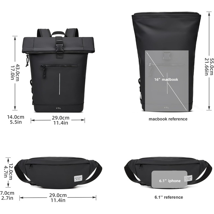 Чорний рюкзак YTL Rolltop з відділенням для ноутбука 17 дюймів. Ідеальний для подорожей, школи, університету, велопоїздок.