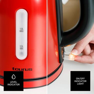 Електричний чайник Taurus Vintage Compact Red 2400W, 1л, 360° обертання, автоматичне відключення, LED-дисплей, без BPA, нержавіюча сталь, індикатор рівня води, ретро-дизайн, червоний