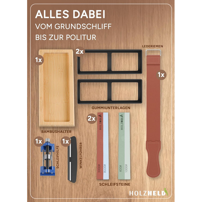 Набір для заточування ножів та інструментів Schleifstein: 400/1000/3000/8000 гріт, шкіра, кутник для заточування