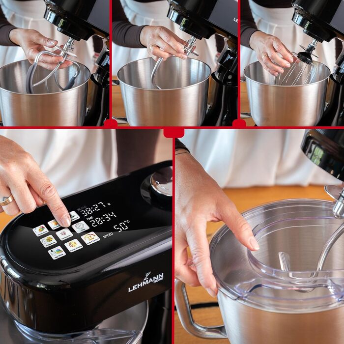 Кухонна машина Lehmann з дисплеєм, 12 швидкостей, функція ферментації з підігрівом, вбудована вага, таймер, міксер з 3 насадками та 5л чашею