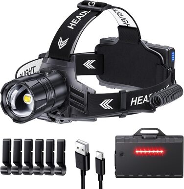 Rechargeable LED Headlamp, Super Bright 120000 Lumens Headlamp with 5 Light Modes & IPX7 Waterproof & 9000mAh BATTERY & Zoomable, 120° Adjustable Headlamp for Camping, Fishing, Outdoor